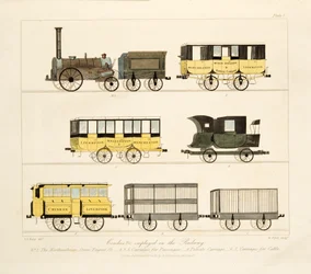 Coches, etc. empleados en el Ferrocarril, 1831 (grabado coloreado a mano)